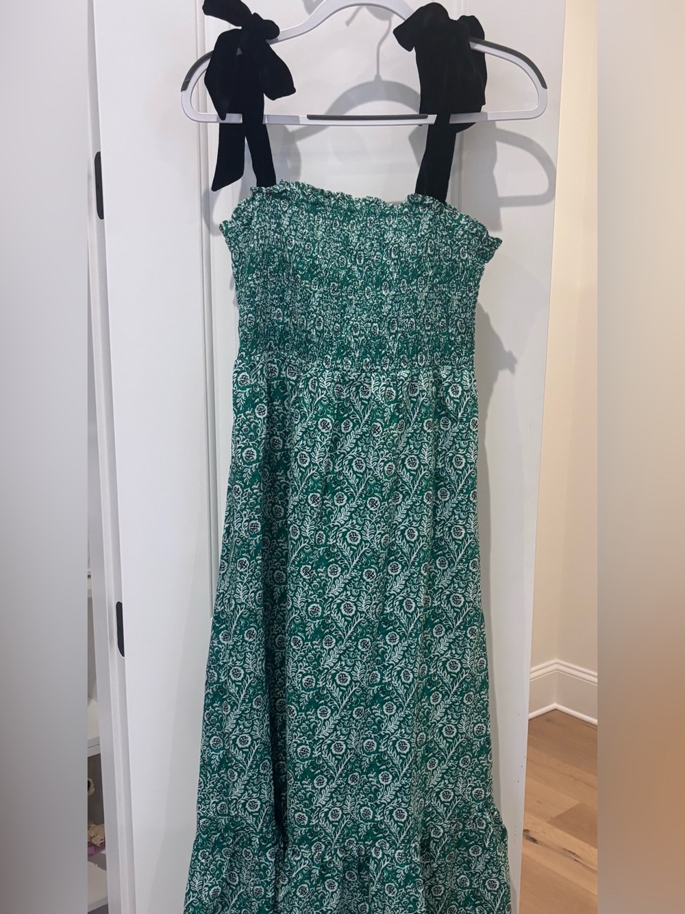 Roller Rabbit Green Floral Maxi Dress with Black Velvet Tie Straps